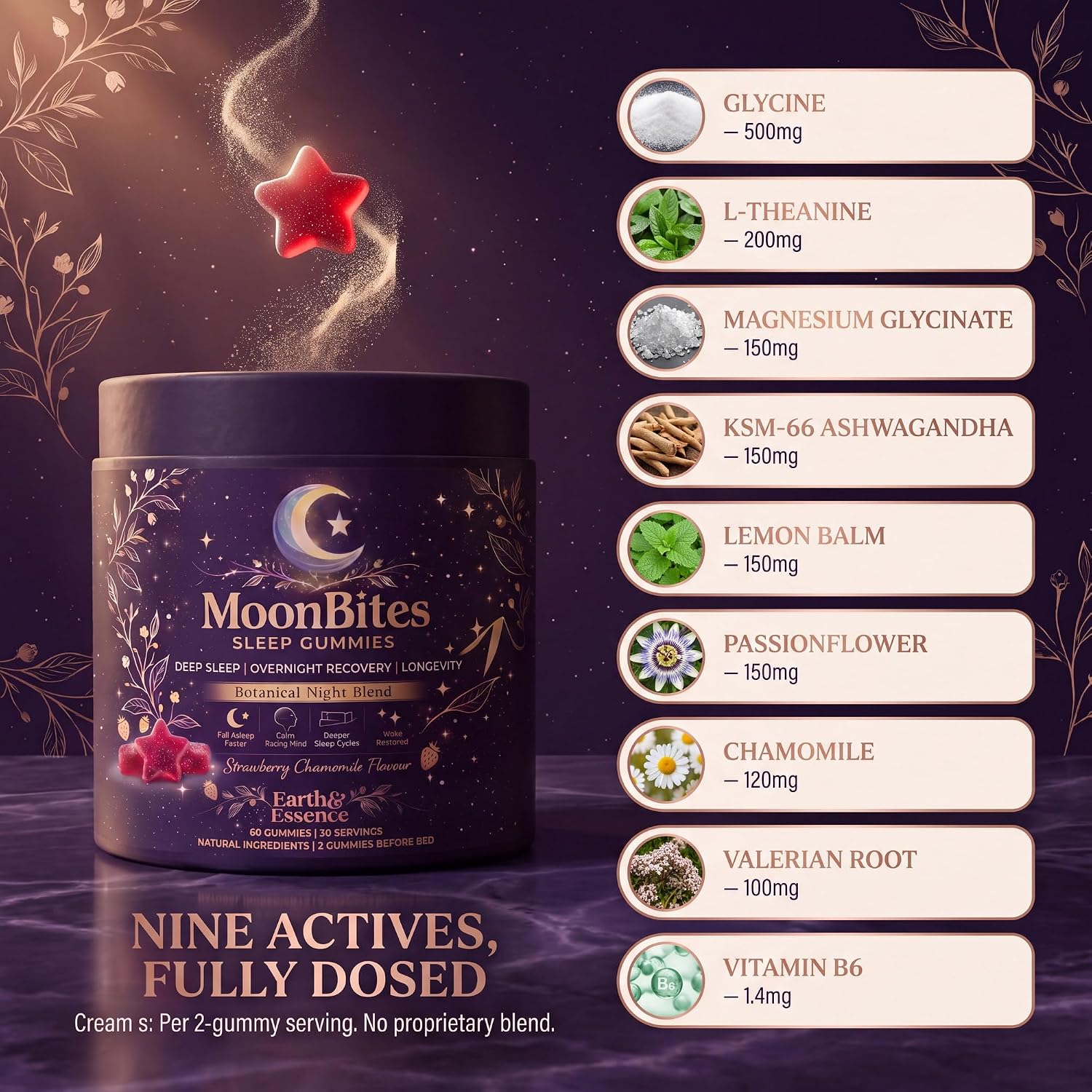 MoonBites tub with the nine actives and their doses listed