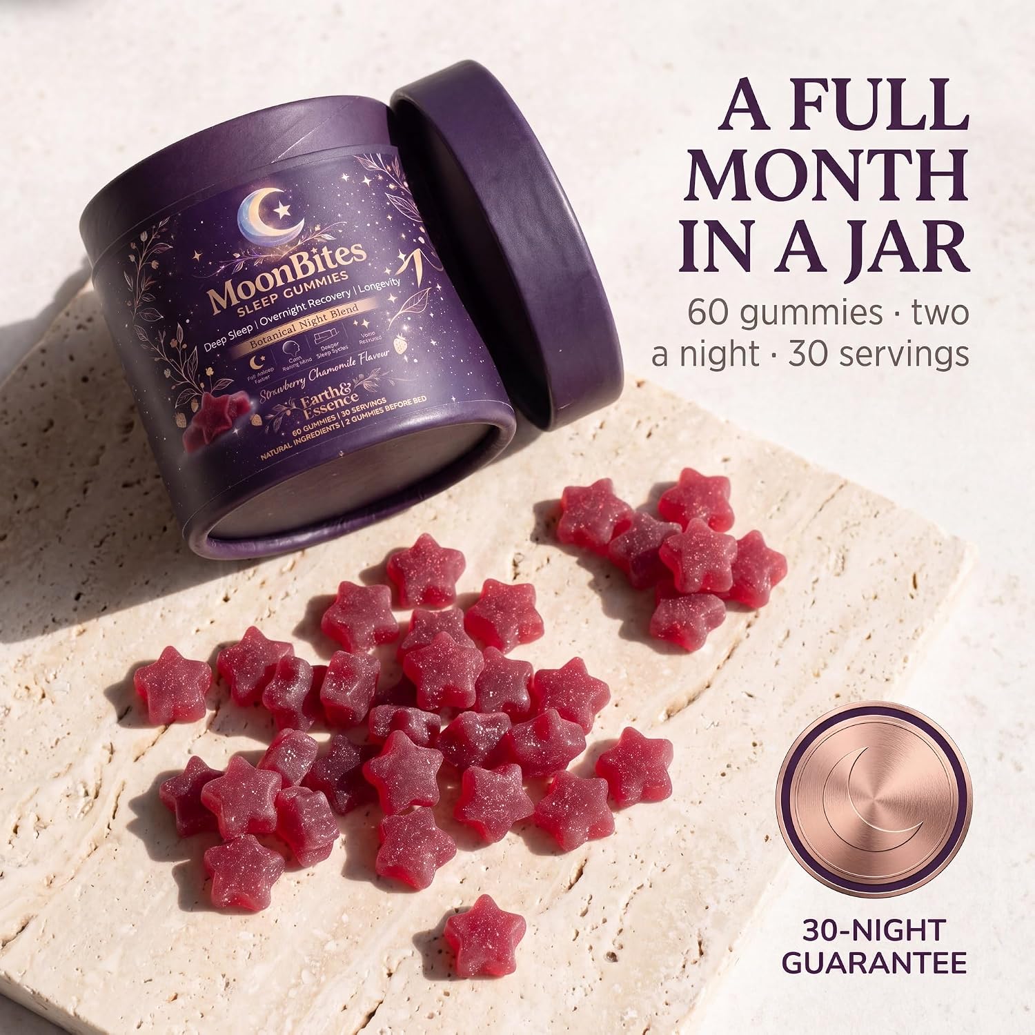 Strawberry-coloured star gummies spilling from a MoonBites tub