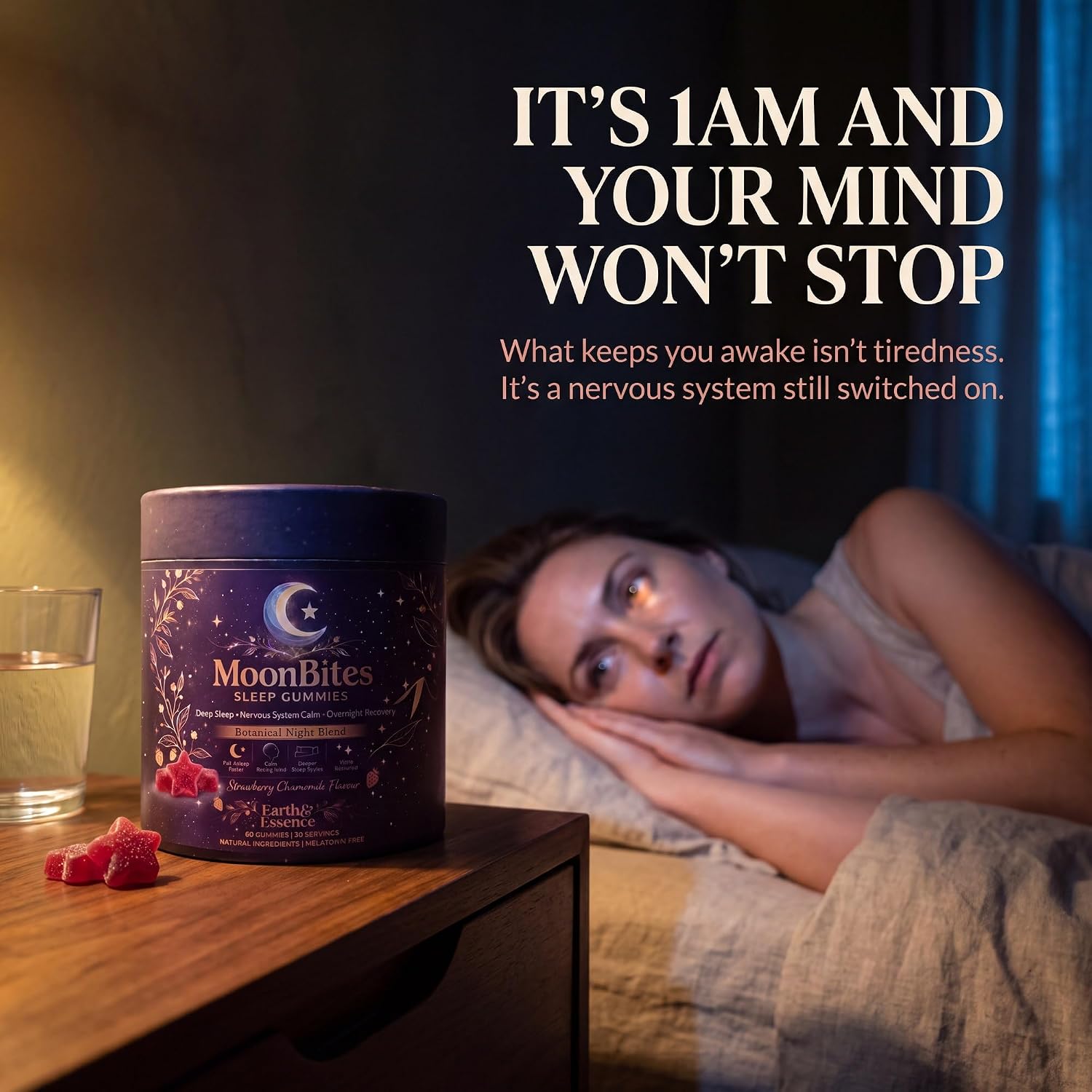 Woman lying awake at 1am beside a MoonBites tub on her bedside table