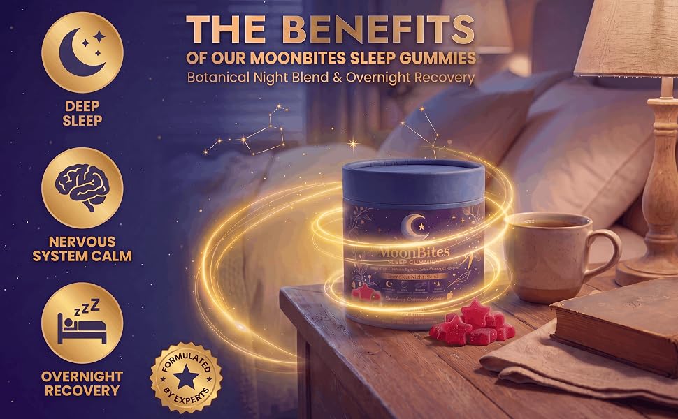 MoonBites tub on a bedside table in a cosy bedroom