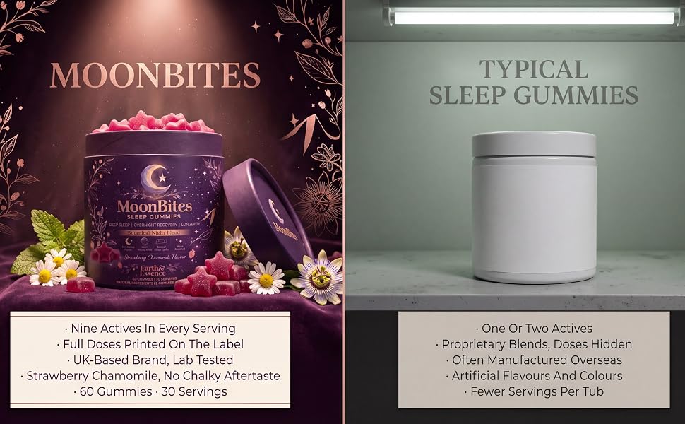 MoonBites tub compared side by side with a typical plain sleep gummy tub
