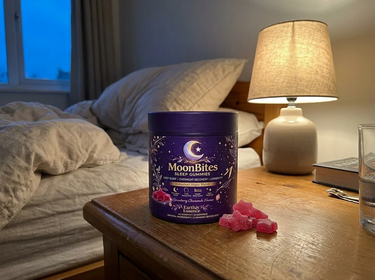 MoonBites tub on a bedside table, replacing a shelf of supplements