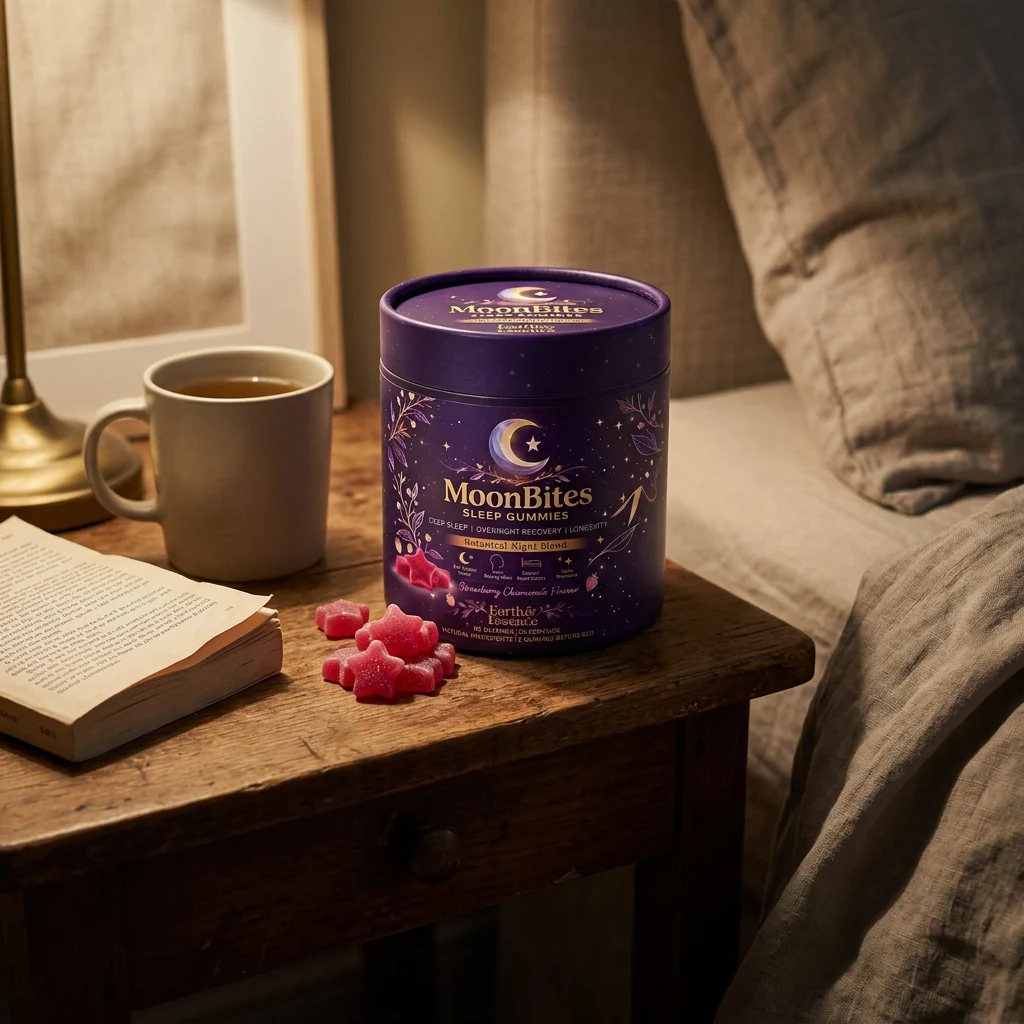 MoonBites tub on a lived-in side table with tea and a book